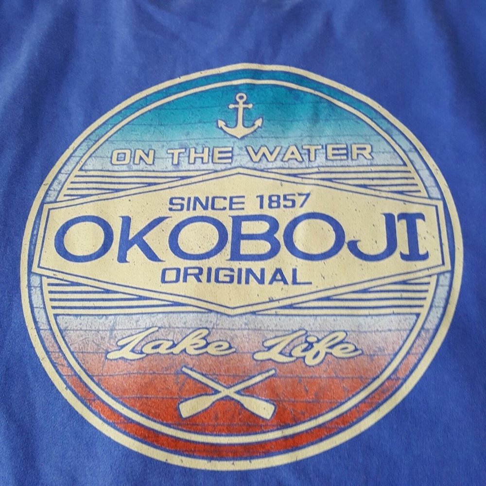 On the Water Since 1857 Okoboji Lake Life Iowa Size LG Blue Souvenir TShirt